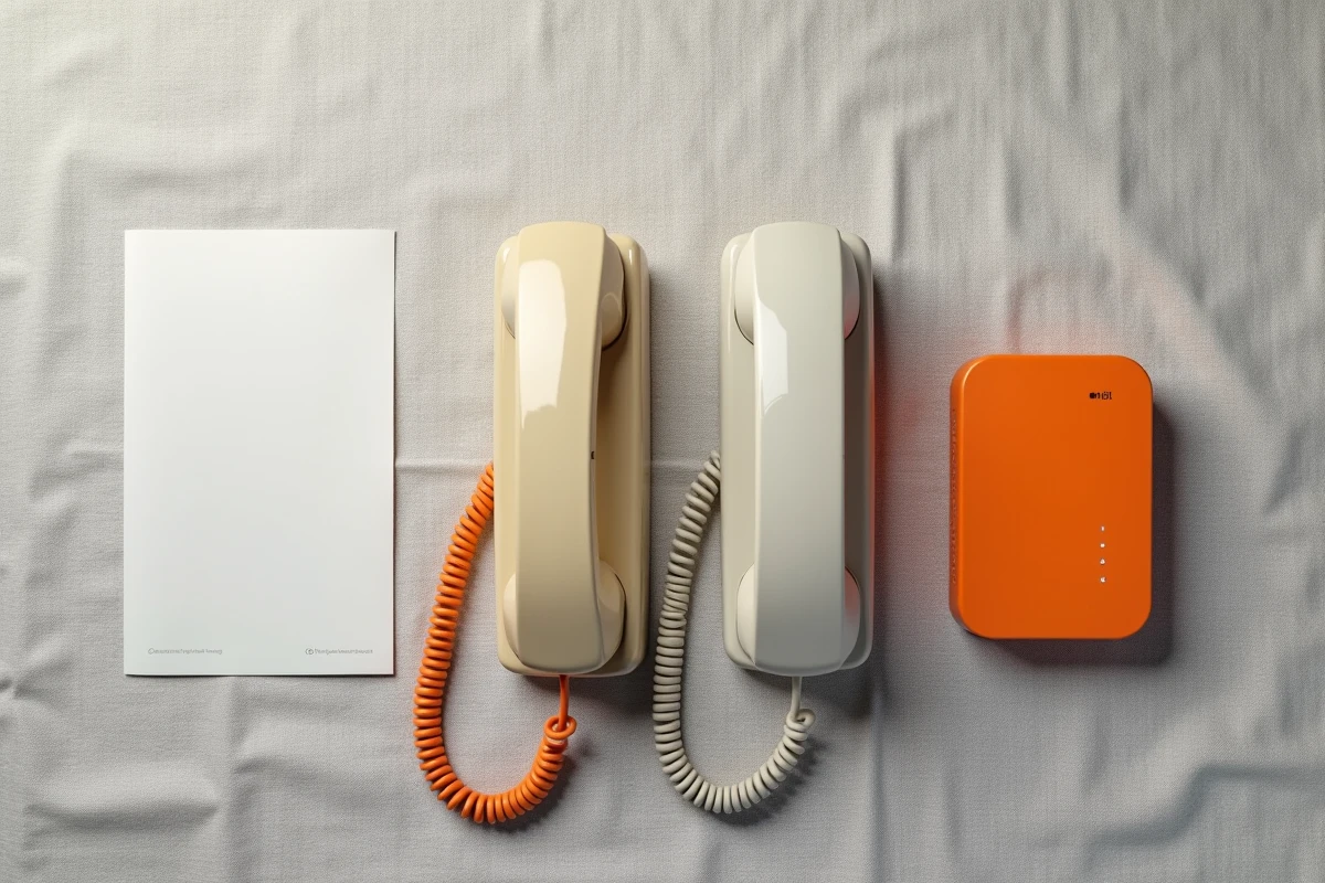 Comparaison entre un téléphone fixe classique et un téléphone VoIP sans fil posés à côté d'un routeur orange, illustrant le choix entre ligne fixe et box internet