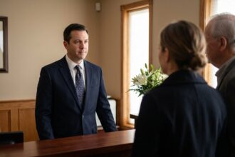 Conseiller de pompes funèbres accueillant une famille en deuil dans une salle de réception feutrée et professionnelle