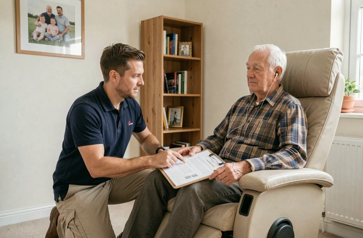Conseiller à domicile expliquant les conditions de remboursement du fauteuil releveur à un senior assis dans le fauteuil