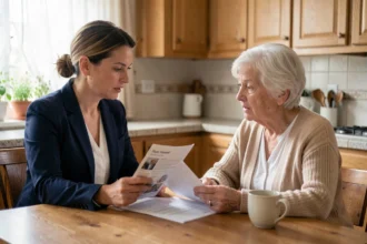 Conseillère en services à domicile expliquant les tarifs Age d'Or Services à une personne âgée dans une cuisine confortable