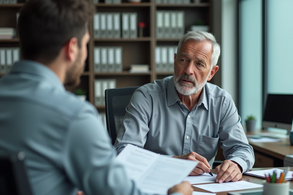 Homme retraité en consultation avec un conseiller pour remplir ses formulaires de retraite dans un bureau administratif