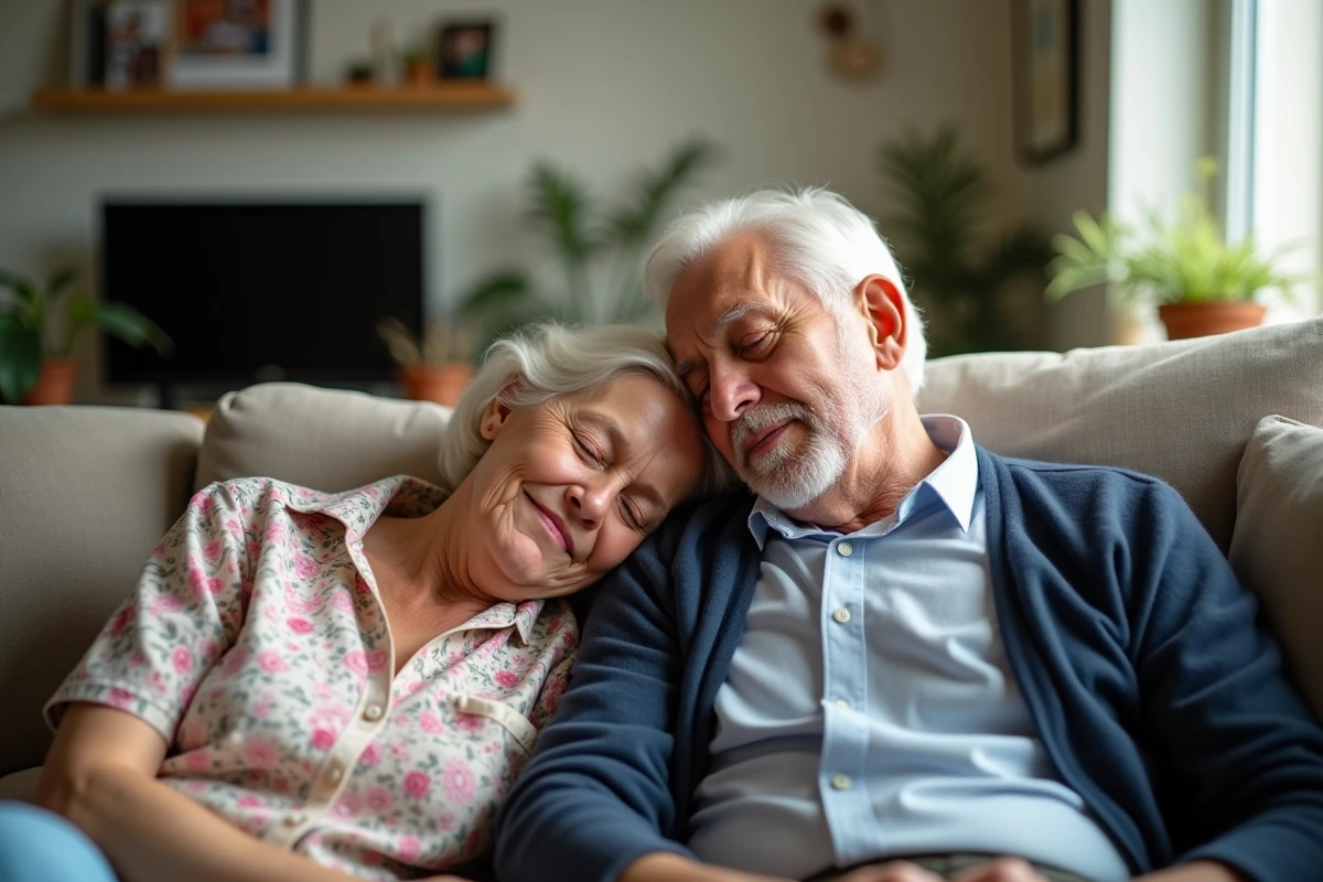 Couple de personnes âgées assoupies ensemble sur un canapé, représentant la somnolence diurne excessive chez les seniors