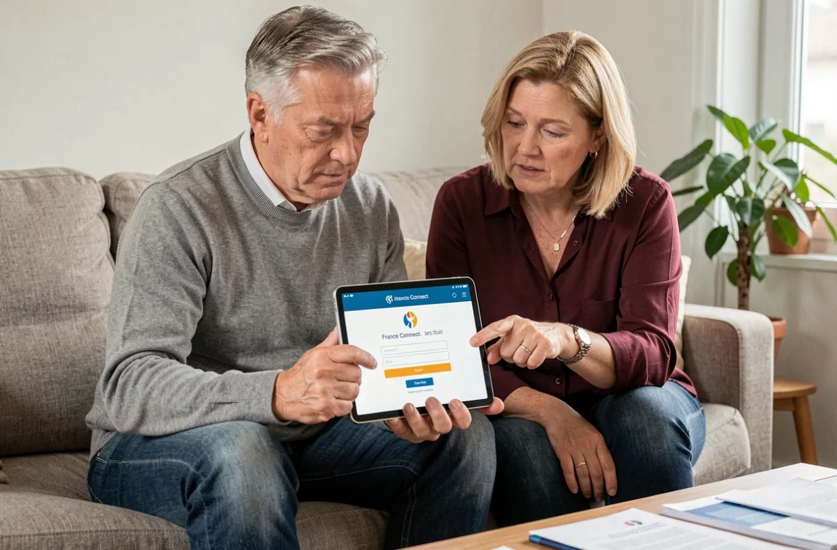 Couple consultant ensemble le portail France Connect Agirc Arrco sur une tablette pour préparer leur départ à la retraite