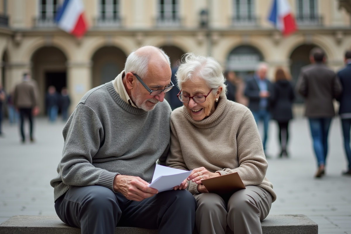 Couple senior discutant et examinant des papiers en extérieur