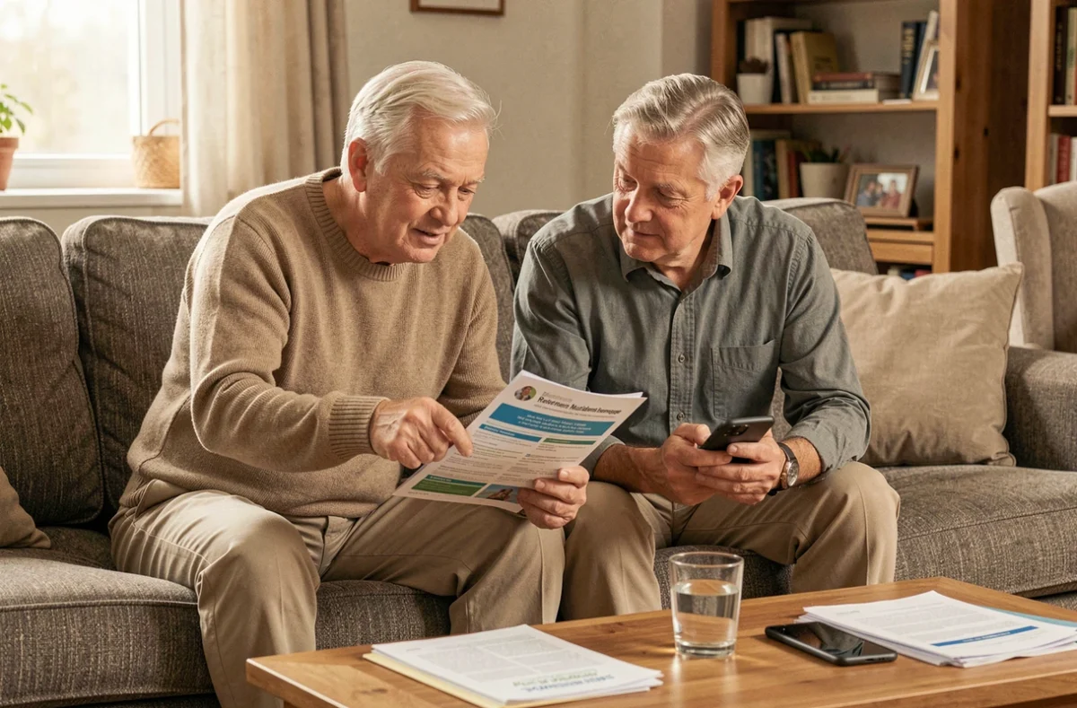 Couple de retraités consultant une brochure d'information sur la mutuelle SG Retraités dans leur salon