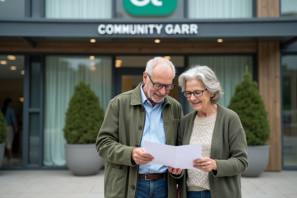 Un couple de retraités consulte un flyer des aides régionales devant un centre communautaire moderne en France