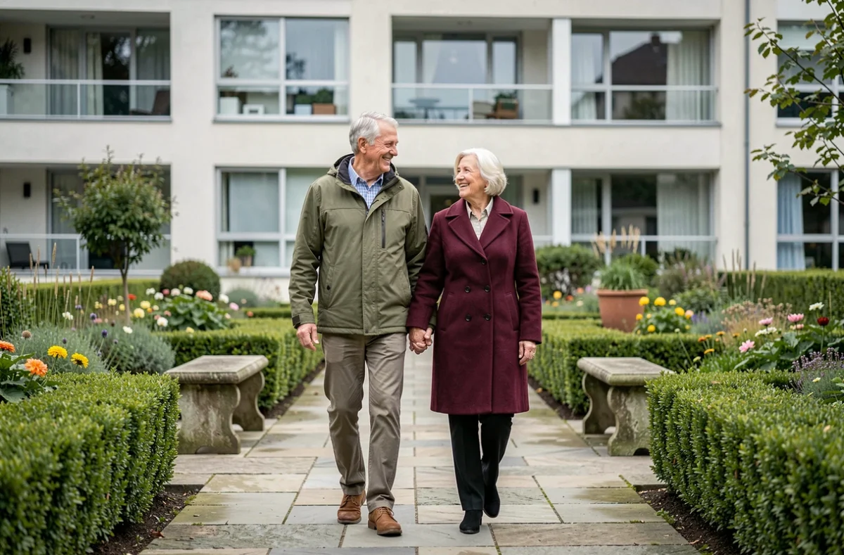 Couple de retraités se promenant dans le jardin d'une résidence senior moderne, illustrant la qualité de vie et les services inclus dans le prix annuel