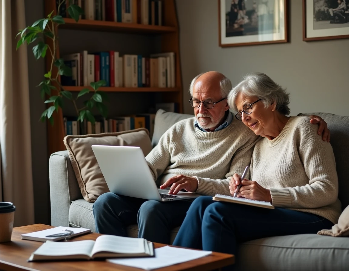Couple de retraités consultant une simulation de retraite Agirc-Arrco sur ordinateur portable
