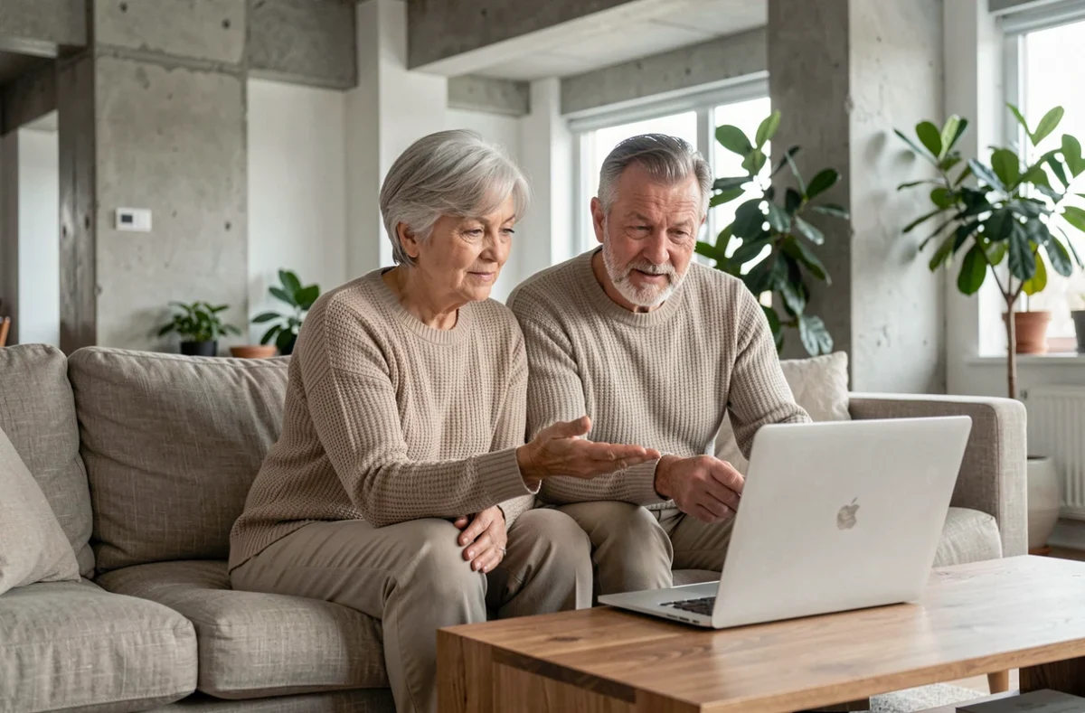 Couple de seniors discutant ensemble des arnaques sur les sites de rencontre haut de gamme dans leur salon moderne