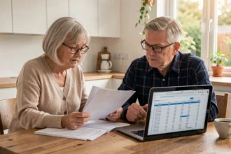 Couple de seniors consultant les documents tarifaires d'une résidence pour calculer le coût annuel