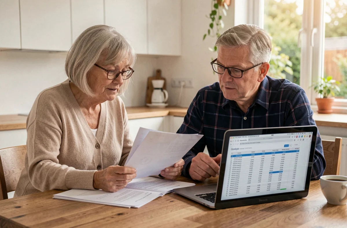 Couple de seniors consultant les documents tarifaires d'une résidence pour calculer le coût annuel