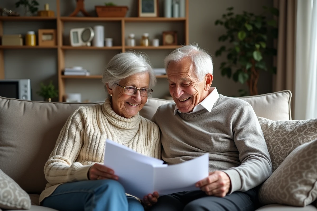 Couple âgé partageant un moment dans leur salon