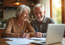 Couple senior souriant à la table avec papiers et ordinateur