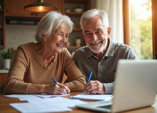 Assurer votre confort de vie grâce aux aides de la CAF pour les retraités Couple senior souriant à la table avec papiers et ordinateur