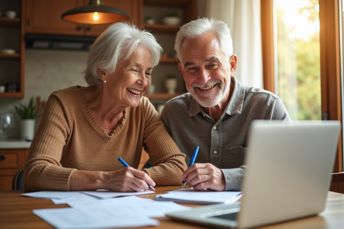 Couple senior souriant à la table avec papiers et ordinateur
