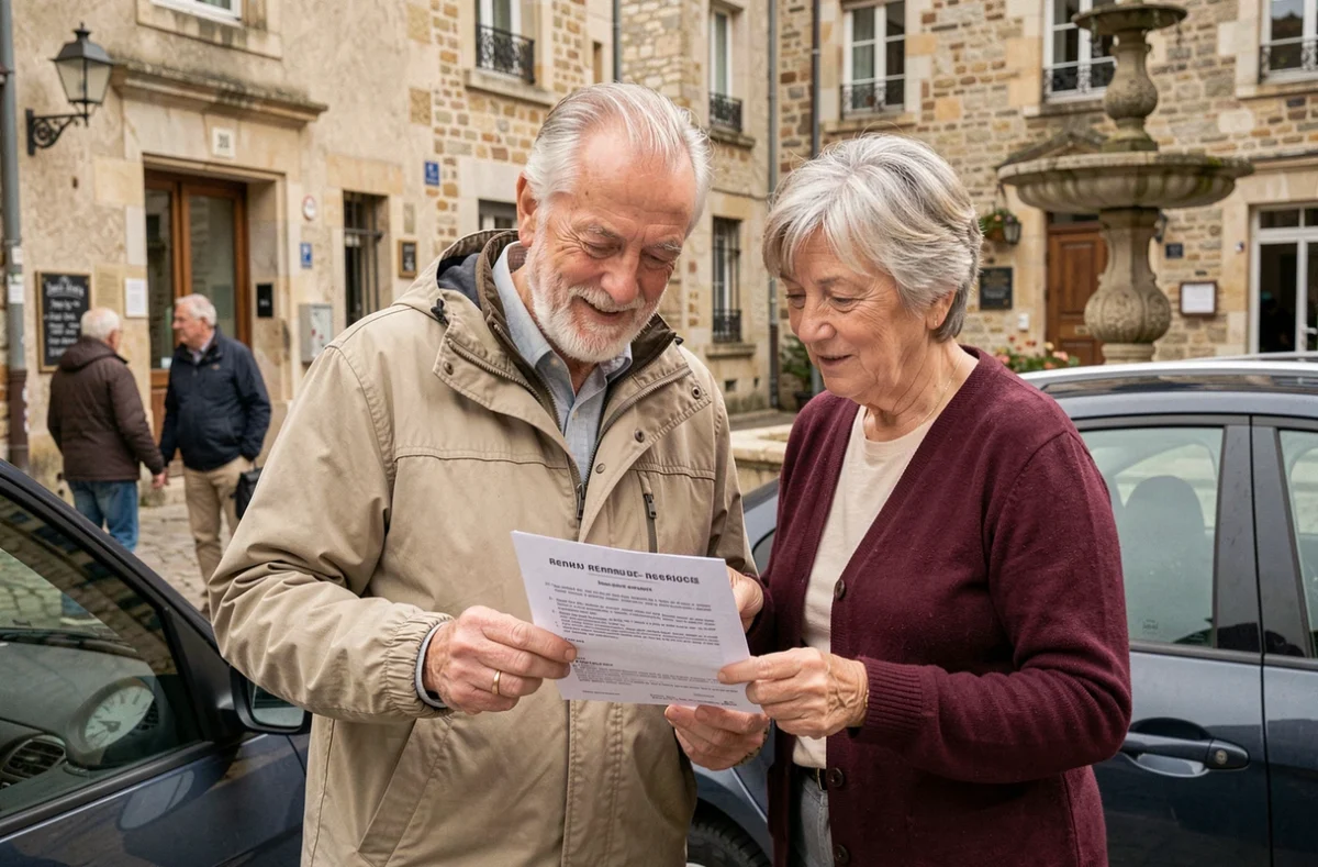 Couple de seniors étudiant un avis de renouvellement de permis de conduire devant leur voiture dans une place de village français