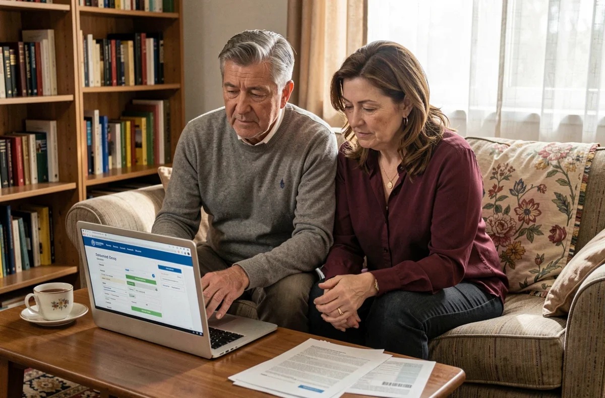 Couple de seniors consultant des informations sur la retraite et l'ASPA sur un ordinateur portable dans leur salon