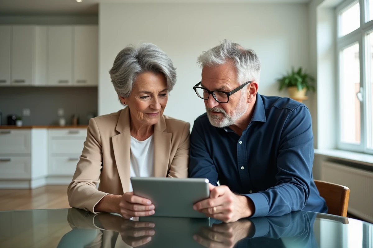 Couple de retraités militaires utilisant un simulateur de retraite mutualiste sur tablette pour comparer leurs avantages fiscaux