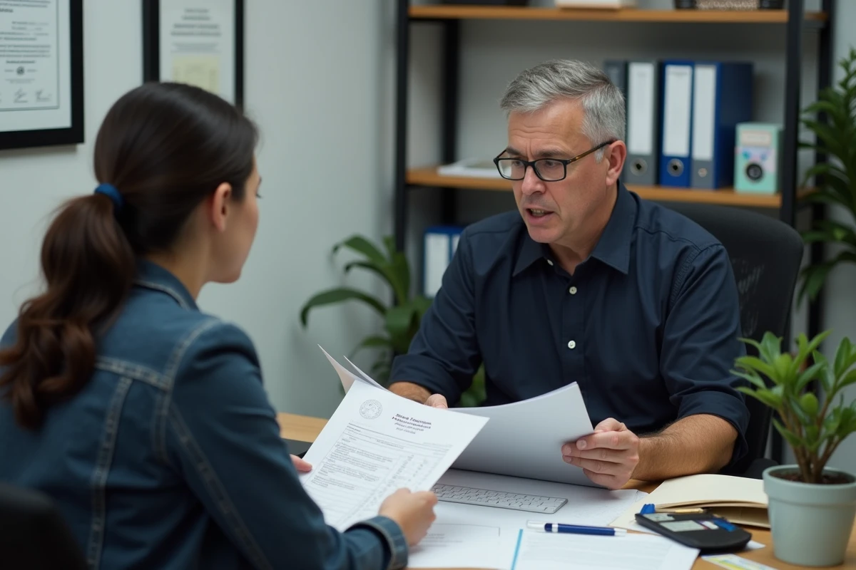 Famille discutant des coûts d'un séjour temporaire en EHPAD avec une coordinatrice administrative