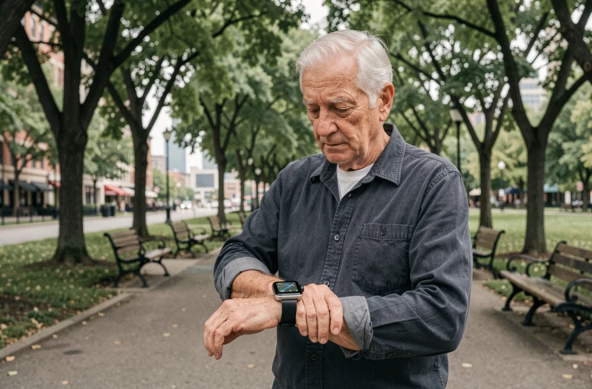 Un homme âgé consulte la géolocalisation GPS en temps réel sur sa montre senior dans un parc urbain