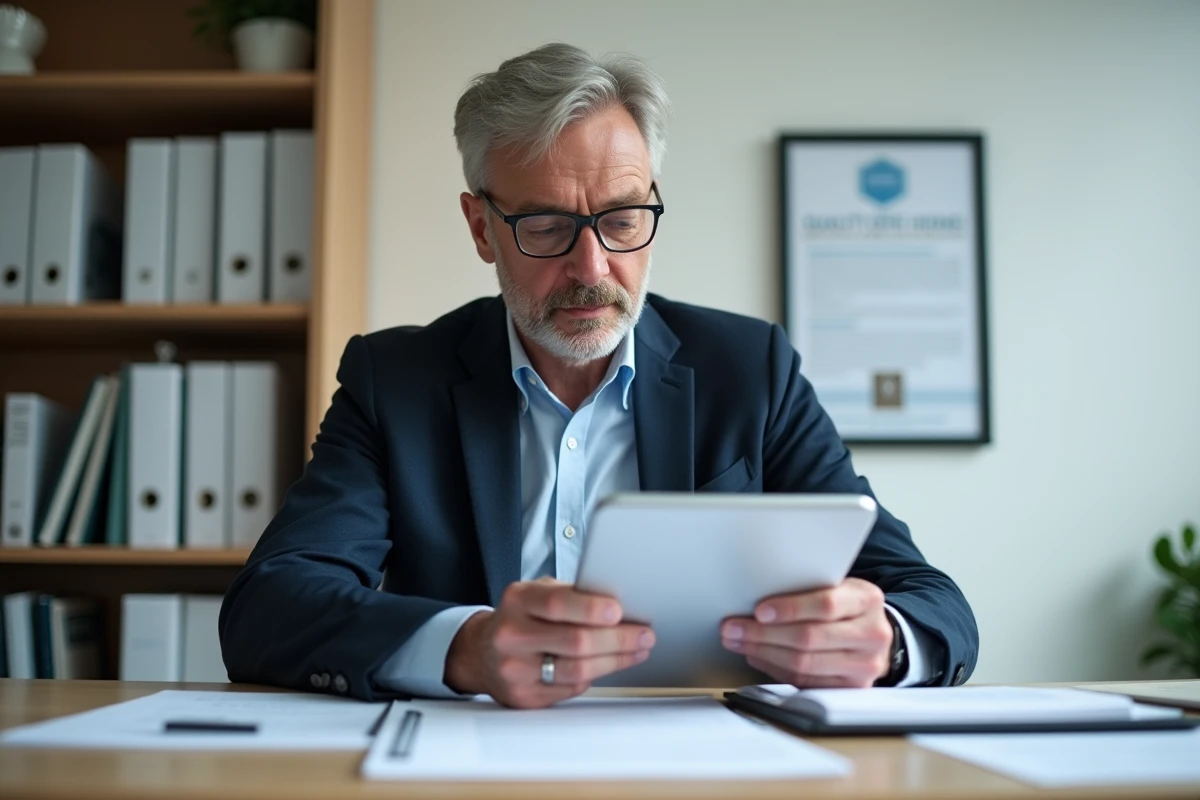 Un directeur administratif examine les critères de sélection et les documents d'un Ehpad dans un bureau professionnel