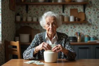 Femme âgée range de l'argent dans un pot en céramique dans la cuisine