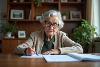 Dame senior lisant des papiers à la maison