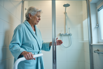 Femme âgée utilisant une barre d'appui dans la douche