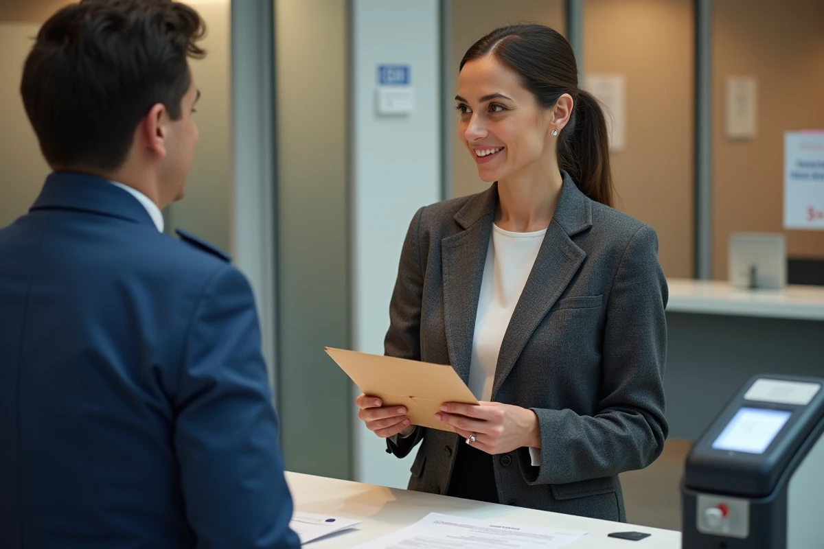 Femme déposant un courrier contenant des documents pour Agirc Arrco dans un bureau de poste