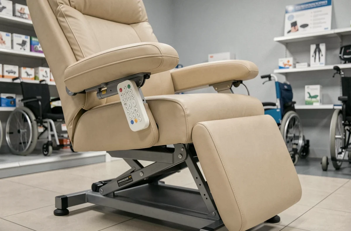 Gros plan sur un fauteuil releveur motorisé avec télécommande dans un magasin d'équipements médicaux, illustrant le matériel remboursable