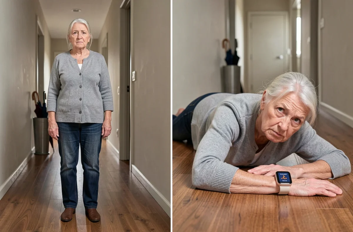 Illustration de la détection de chute automatique sur une montre SOS senior avec alerte affichée