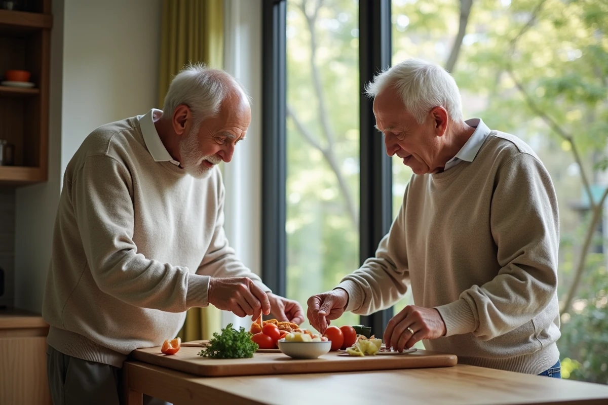 Deux hommes seniors préparant un repas équilibré à la table