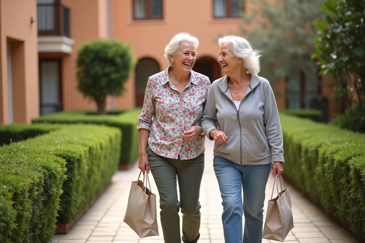 Deux résidentes seniors se promenant ensemble dans le jardin d'une résidence autonomie à Nîmes
