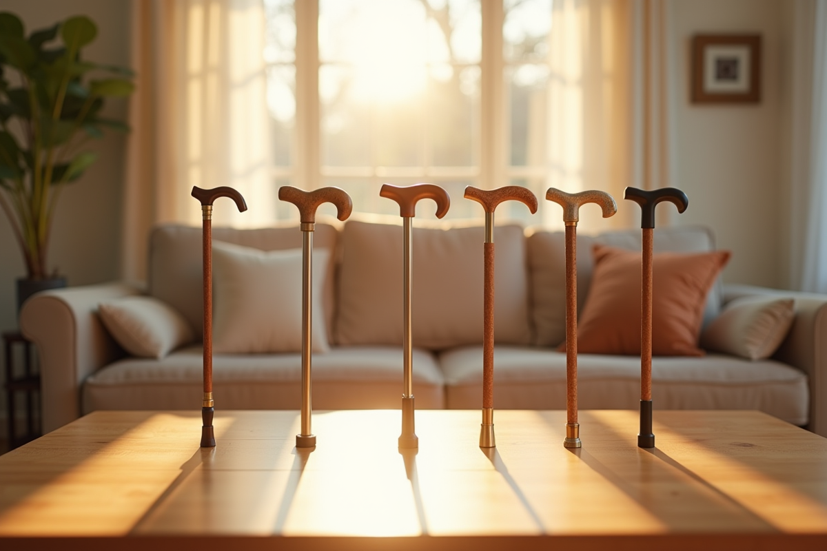 Plusieurs cannes pour seniors exposées sur une table en bois lumineux