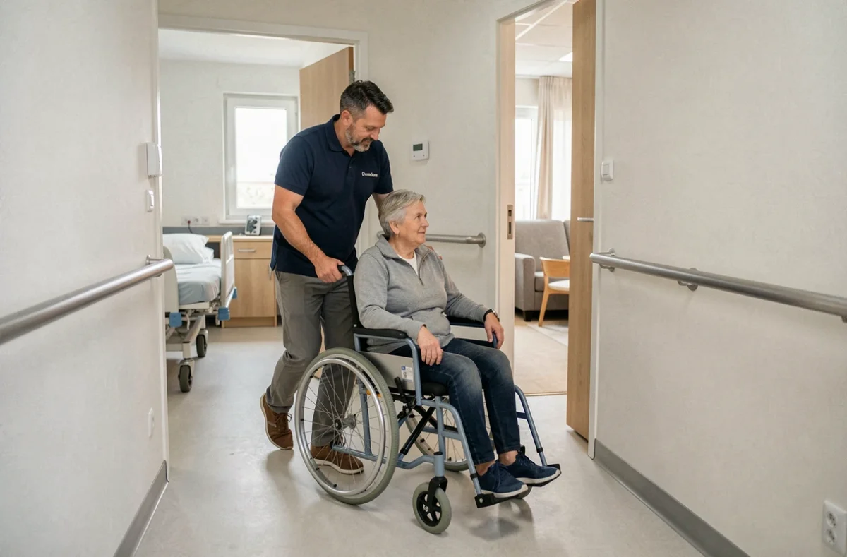Auxiliaire Domidom La Rochelle aidant une personne en fauteuil roulant dans un appartement aménagé