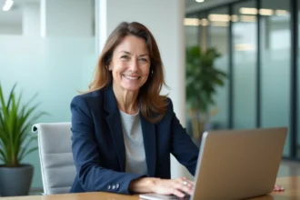 Femme employée consultant le portail Malin La Poste sur un ordinateur portable dans un bureau moderne pour comparer les avantages sociaux