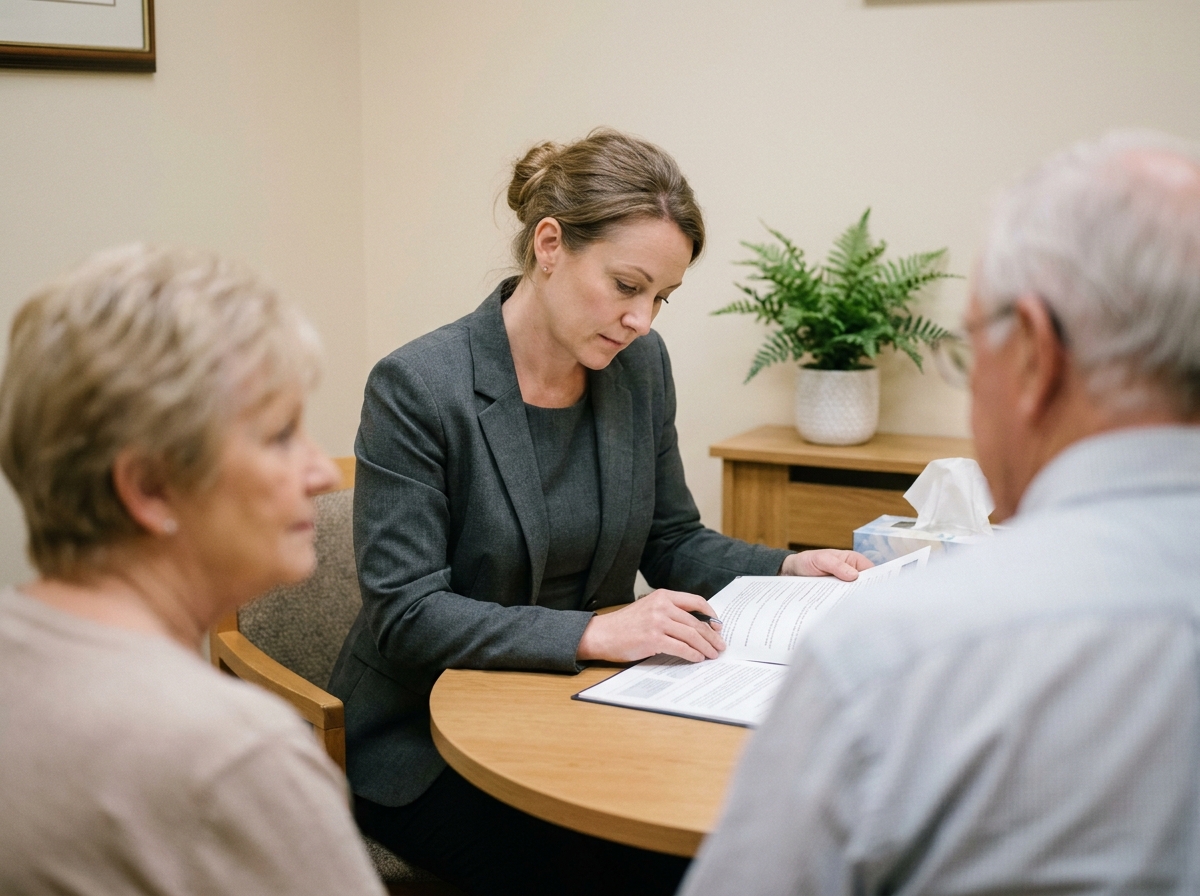 Conseillère funéraire en entretien avec un couple lors d'une consultation pour organiser des obsèques