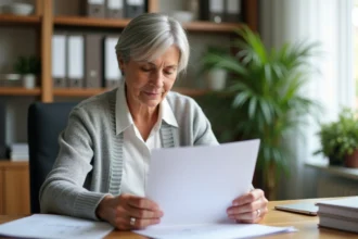 Femme âgée préparant des documents à envoyer par courrier à Agirc Arrco depuis son bureau à domicile