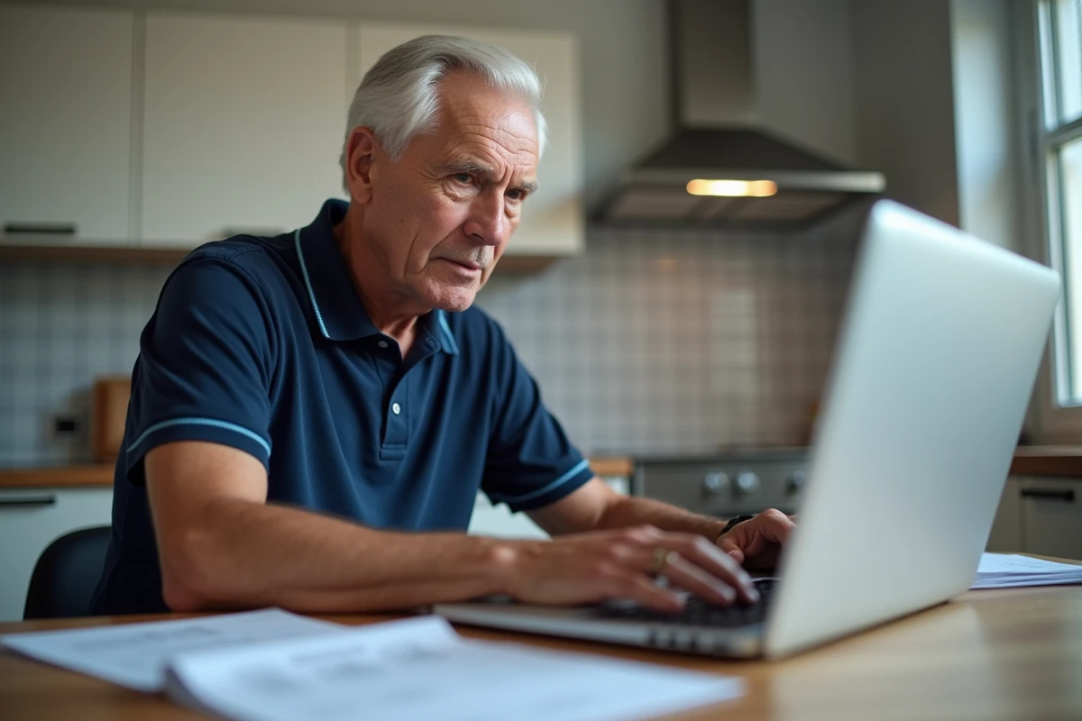 Homme retraité envoyant des documents à Agirc Arrco en ligne depuis son domicile