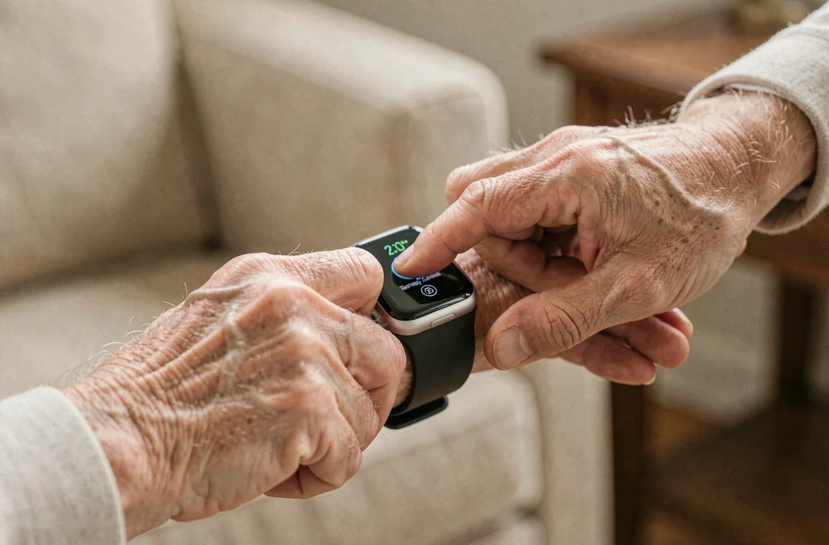 Des mains de personne âgée utilisant facilement une montre SOS senior ergonomique au design simplifié