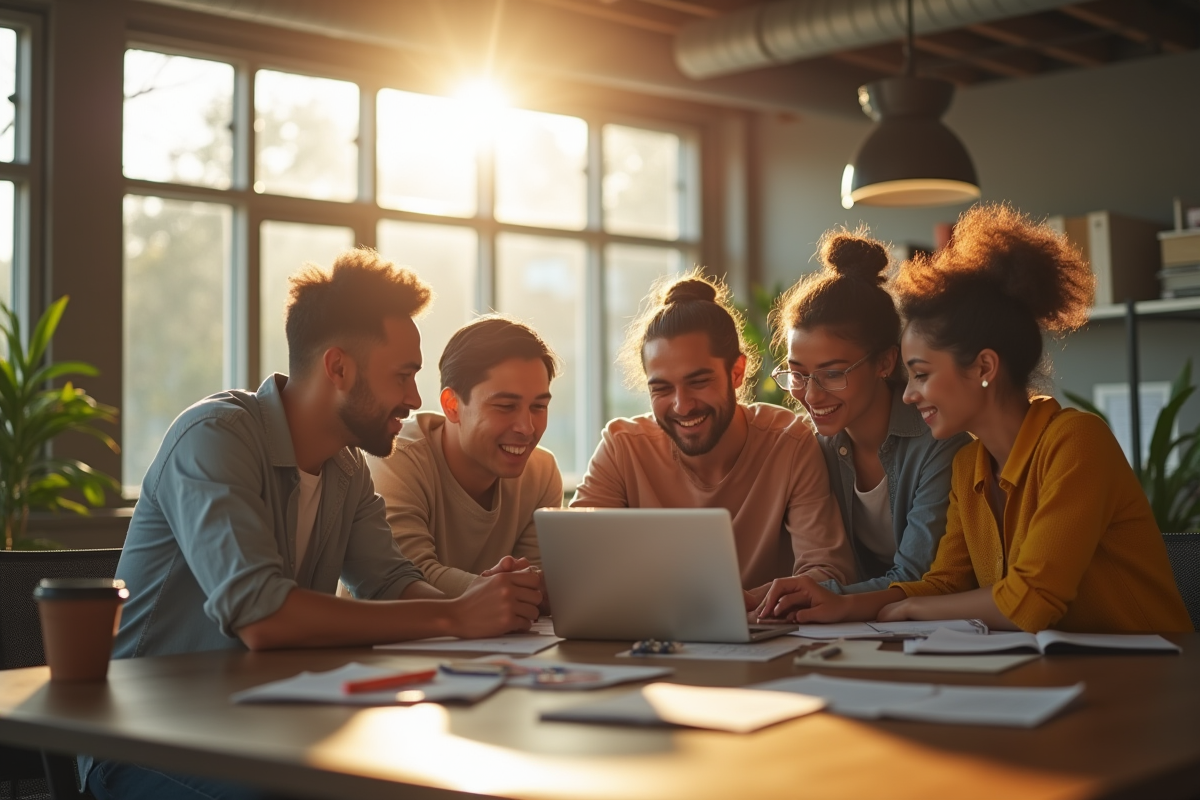 Groupe diversifié collaborant dans un espace de coworking lumineux