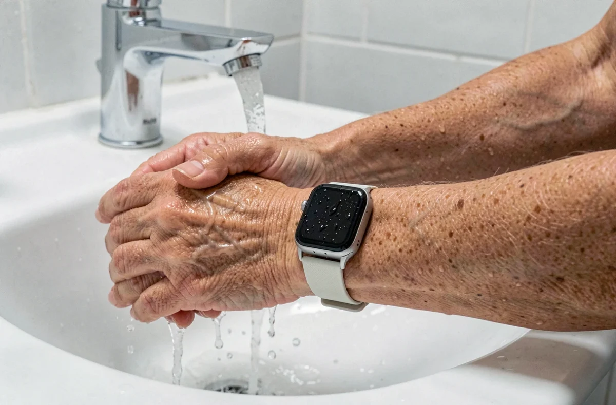 Une femme âgée lave ses mains sous l'eau avec une montre senior étanche résistante à l'eau