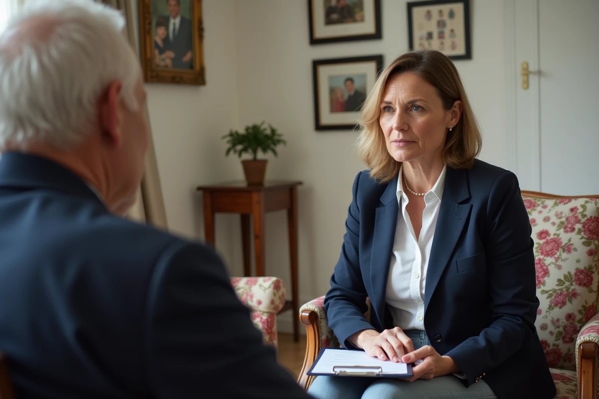 Assistante sociale évaluant les besoins d'un senior lors d'une visite à domicile pour l'allocation personnalisée d'autonomie