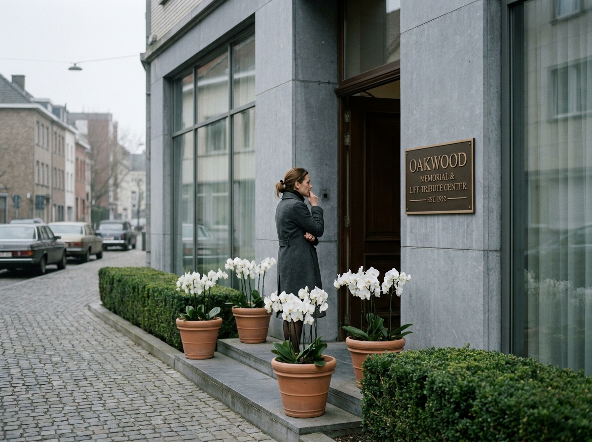Façade sobre et professionnelle d'une agence de pompes funèbres avec entrée discrète en milieu urbain