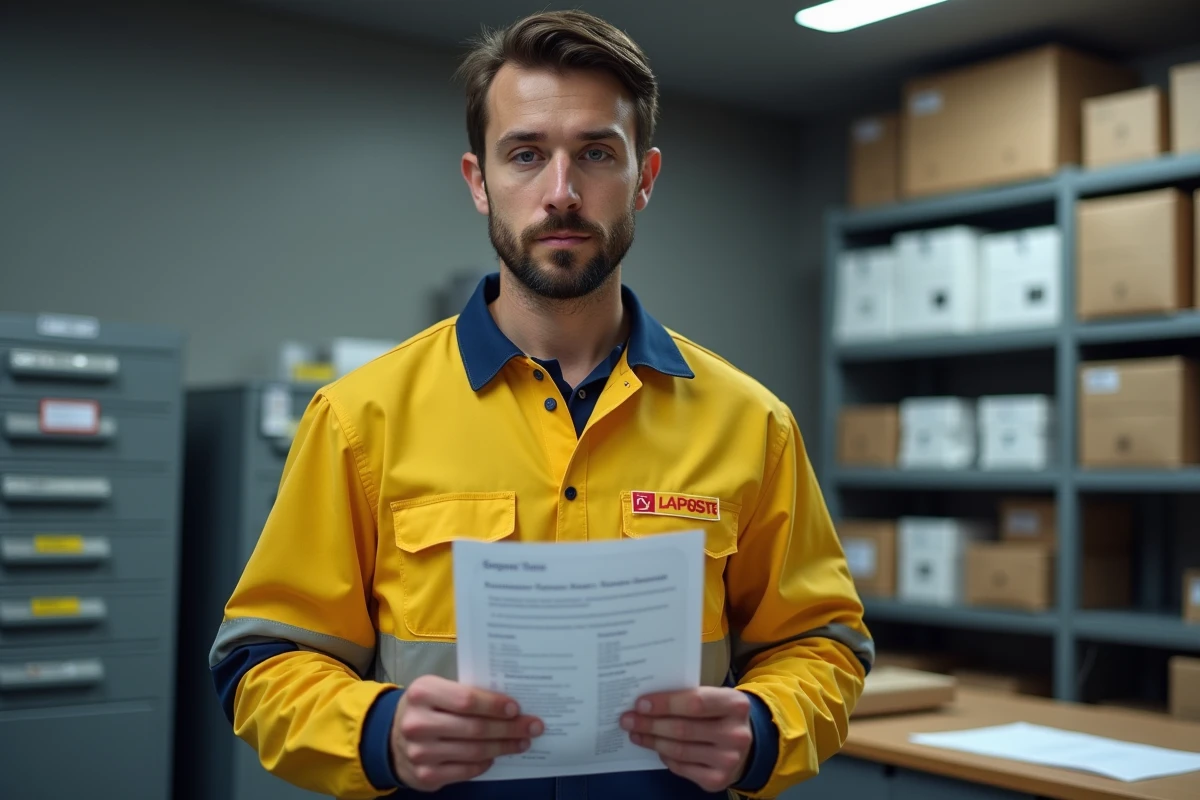 Facteur La Poste en uniforme consultant un document sur les nouveaux dispositifs d'avantages salariés dans un centre de tri postal