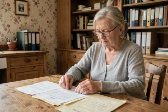Une femme âgée examine des documents officiels liés à la succession et l'APA à sa table de cuisine