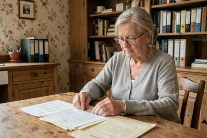 Une femme âgée examine des documents officiels liés à la succession et l'APA à sa table de cuisine
