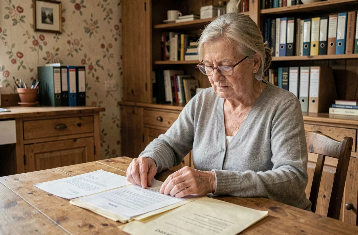 Une femme âgée examine des documents officiels liés à la succession et l'APA à sa table de cuisine