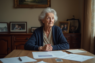 Femme agee contemplant des documents juridiques sur la table
