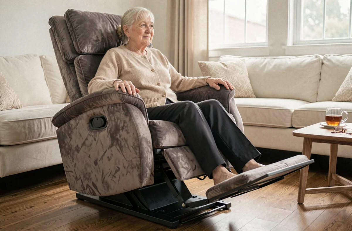 Femme âgée se relevant d'un fauteuil releveur gris dans un salon confortable, illustrant le remboursement par la Sécurité sociale